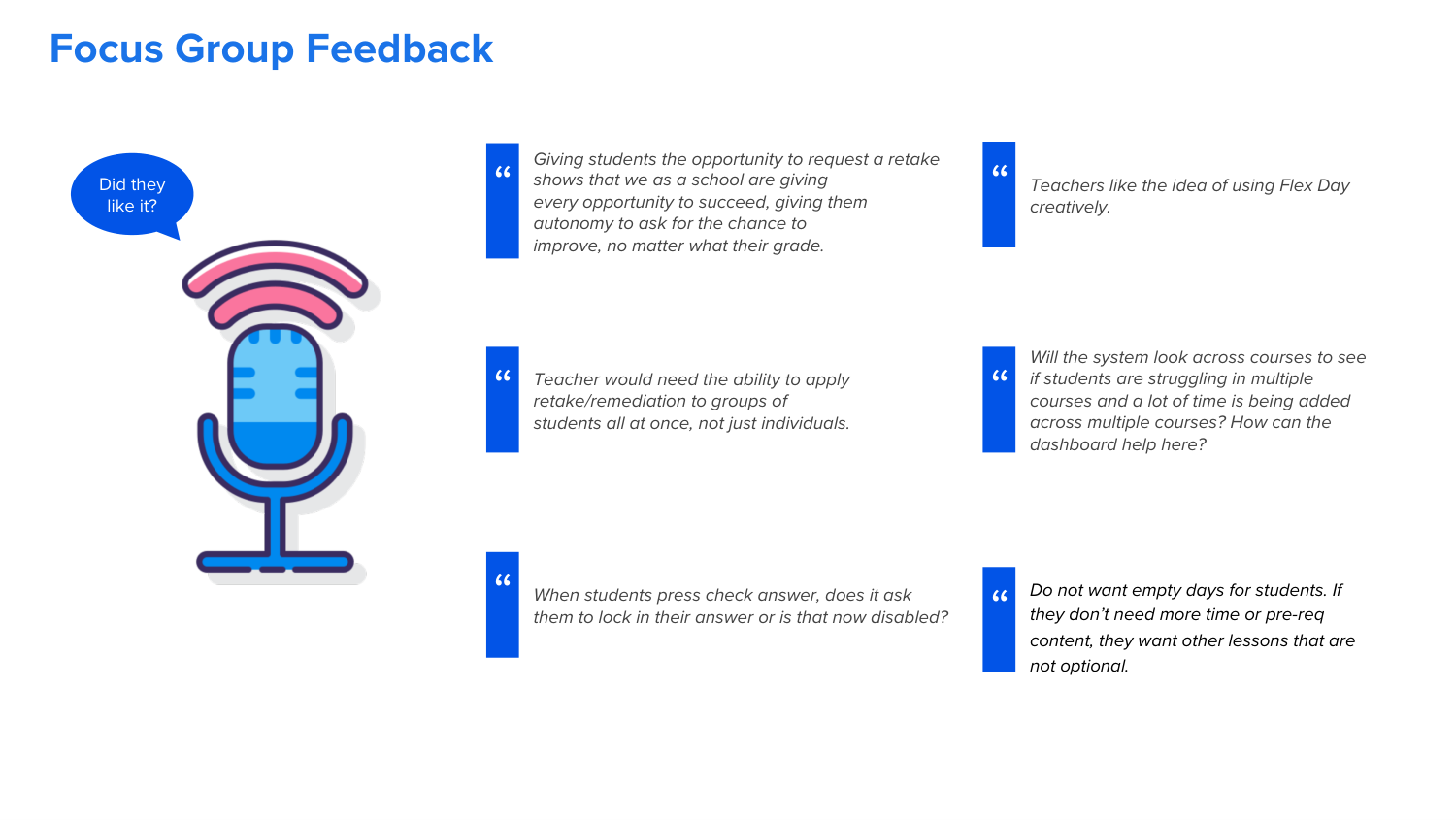 Focus-group feedback on retakes, group actions, workload across courses and flexible days