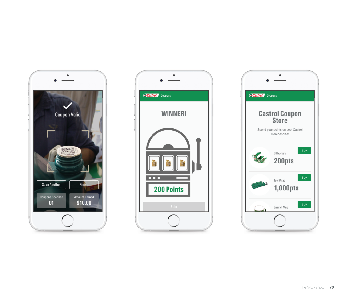 Coupon prototype showing a scan confirmation, points and a merchandise store