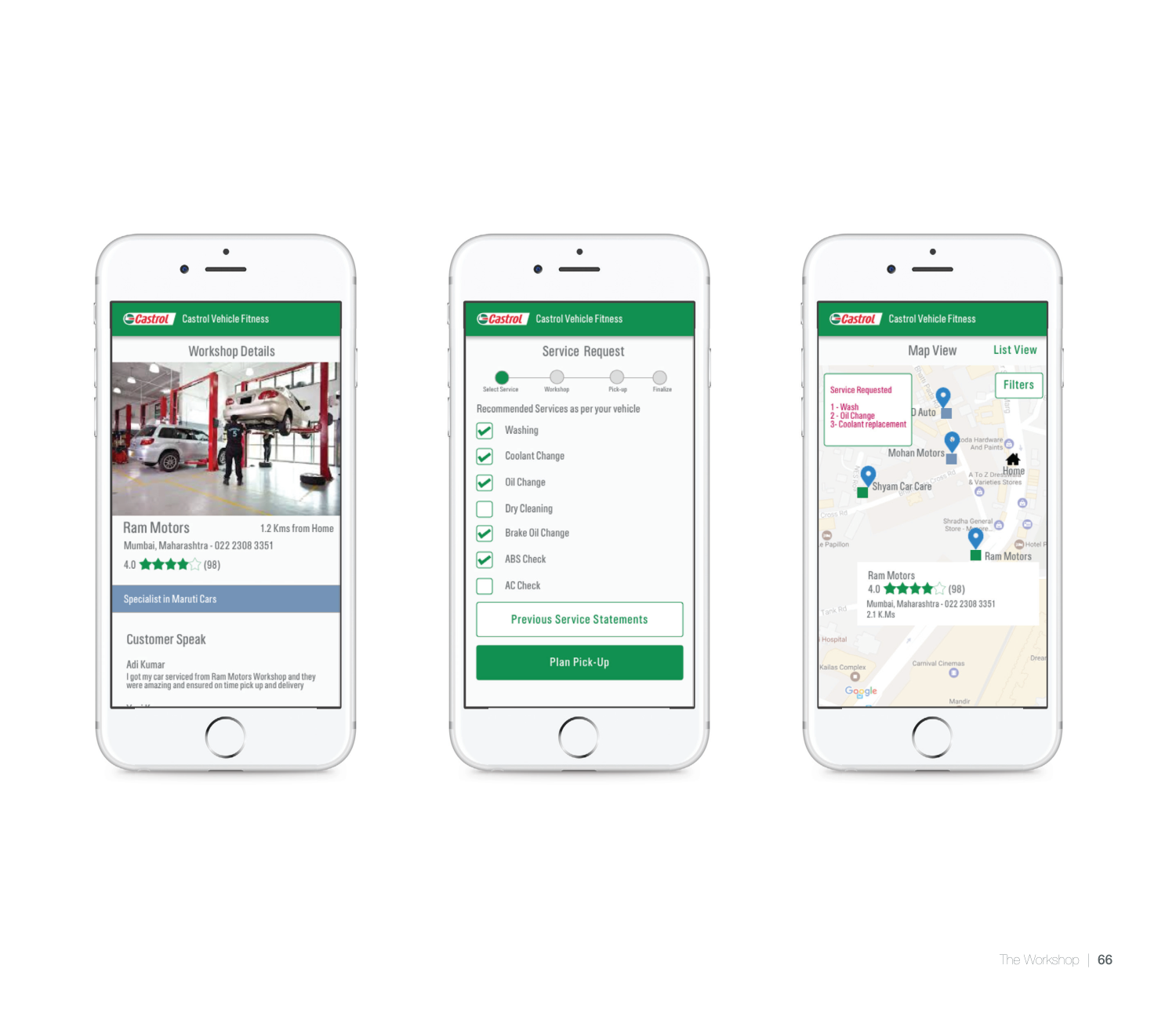 Vehicle-fitness prototype showing workshop details, recommended services and nearby service providers