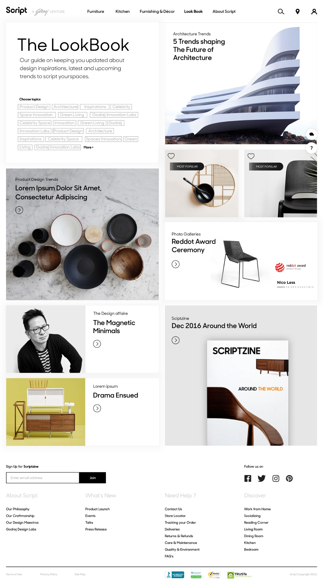 Script LookBook editorial grid featuring architecture, design objects, designers and a magazine